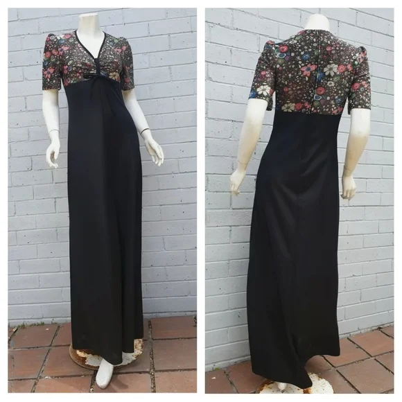 VTG 1970s Lurex Lame Metallic Floral Print Bow Maxi Cocktail Gown Dress Small 8 - Picture 3 of 9